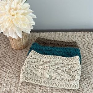 Set of 3 Knitted Headbands - brown, teal and cream